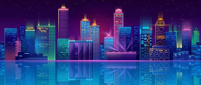 未来科技科幻霓虹灯渐变绚丽城市建筑夜景灯光插画AI/PSD设计素材100套【068】